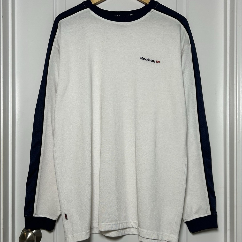 Reebok Vintage Y2K 2000s Cotton Blend White Navy Blue Logo Long Sleeve T-Shirt